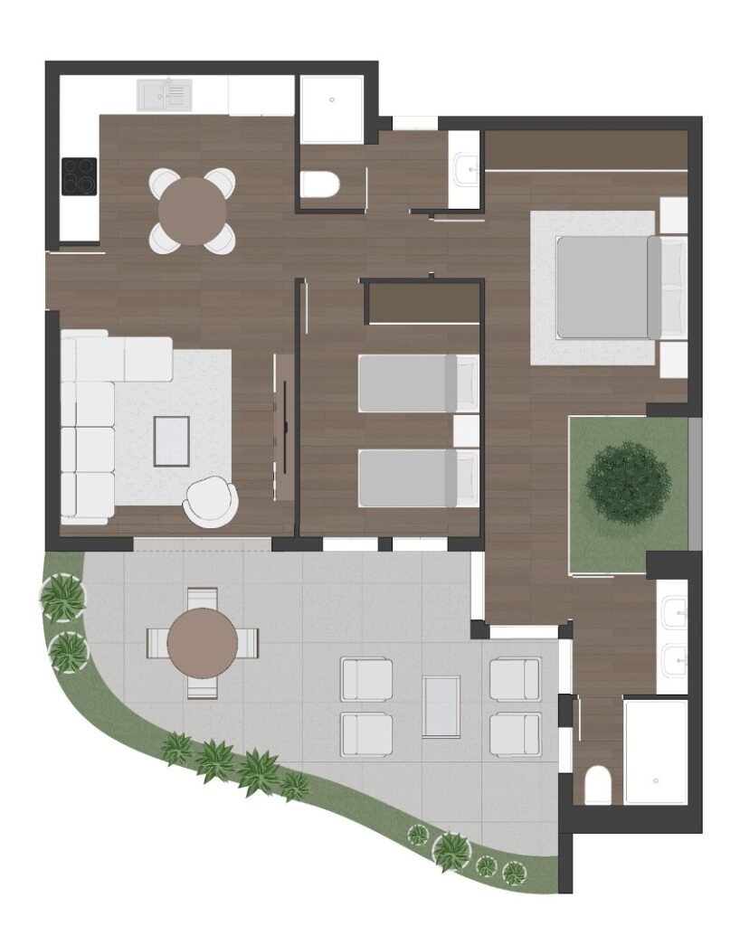 Uma vista de cima para baixo de uma planta humanizada apresenta dois quartos, dois banheiros, uma cozinha, uma área de estar, uma área interna para refeições e um amplo terraço externo com assentos.