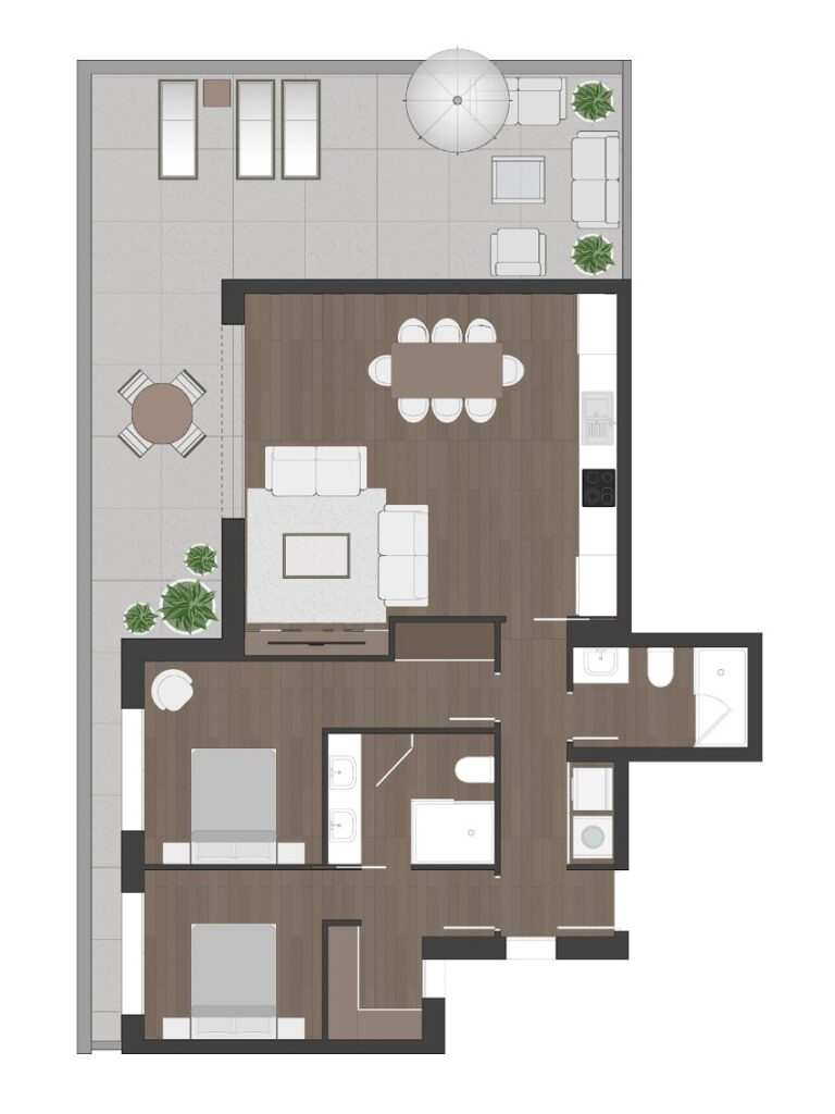 Vista aérea de planta humanizada de um apartamento
