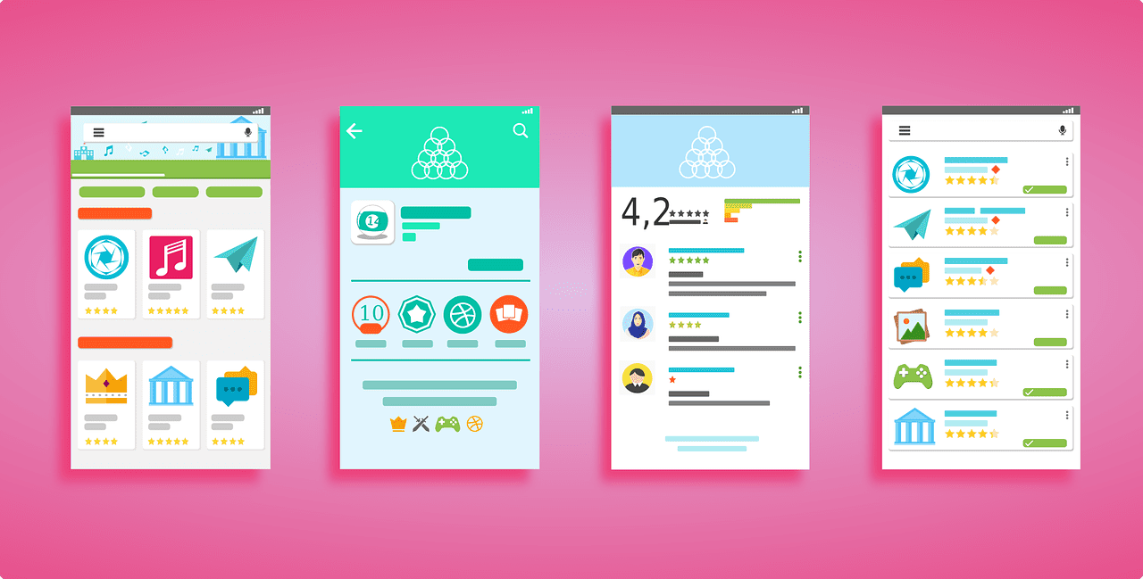 Um conjunto de telas de aplicativos móveis com ícones diferentes.