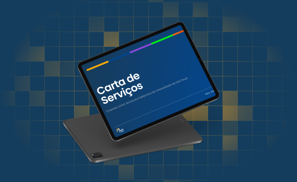 Um tablet exibindo com destaque a frase "Carta de Serviços" em português em uma tela azul se destaca contra um fundo com padrão de grade, enquanto outro tablet fica abaixo dele.