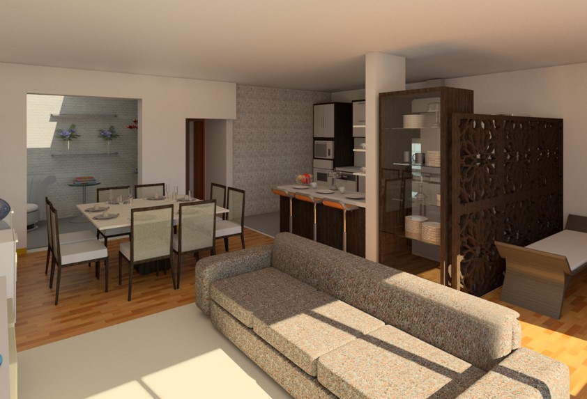 Renderização 3D de um espaço moderno em plano aberto com cozinha,área de jantar e sala de estar com móveis e decoração contemporâneos.