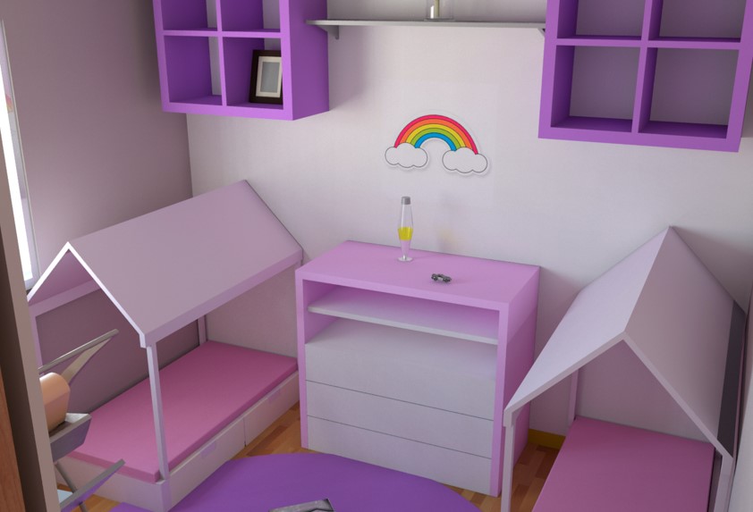 Uma representação 3D de um quarto infantil com tema roxo, com beliches, uma mesa e uma pequena decoração de arco-íris montada na parede