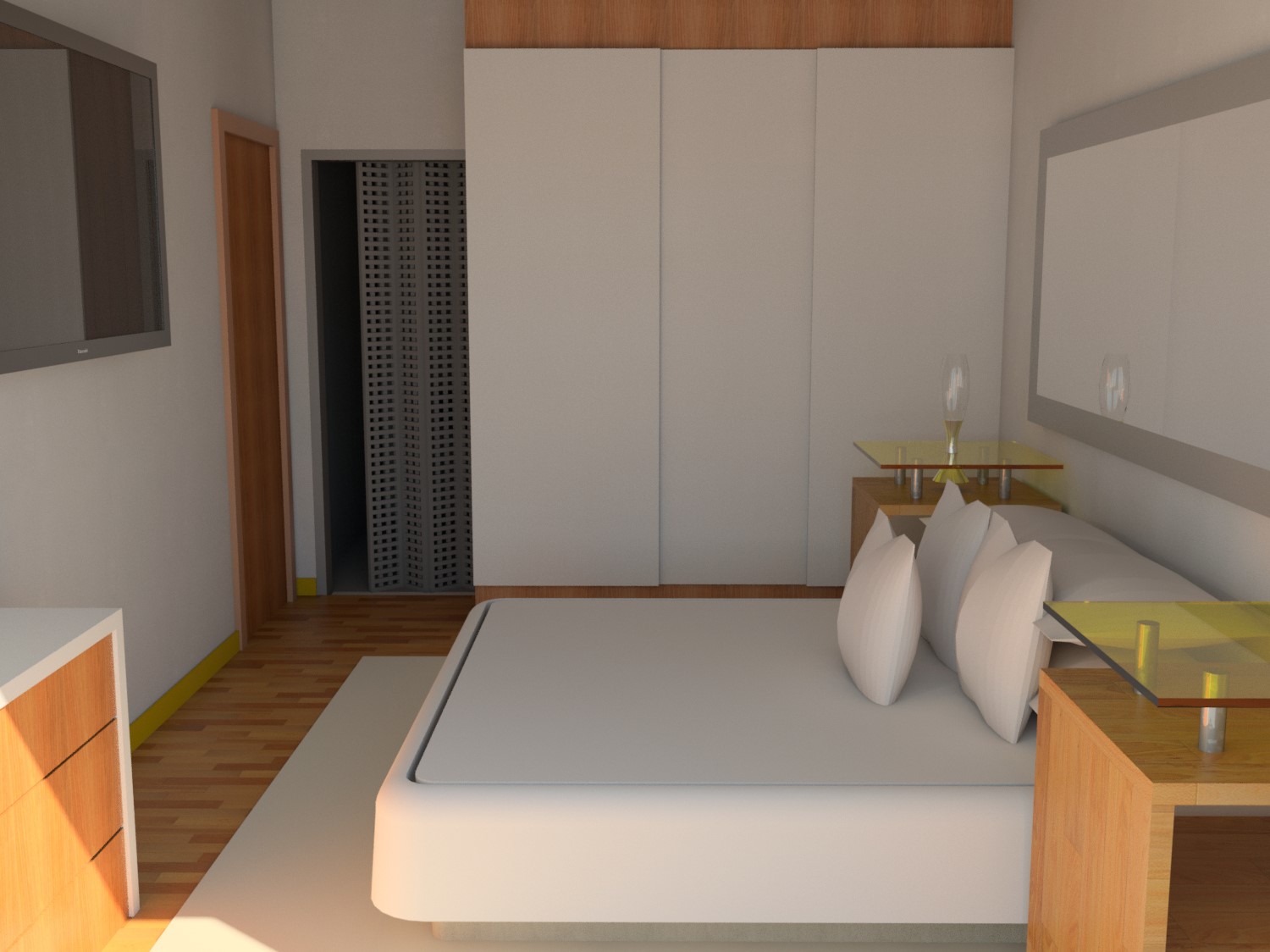 Renderização 3D de um quarto moderno com uma cama grande com travesseiros brancos, piso de madeira, móveis minimalistas e uma área de jantar compacta.