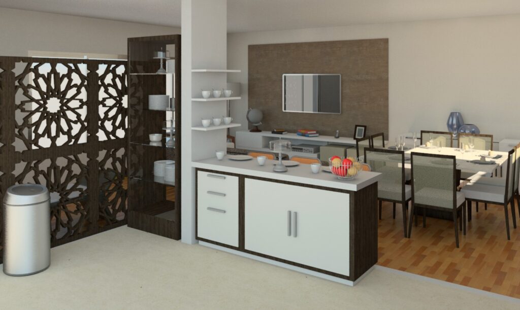 Cozinha moderna e zona de refeições com móveis , divisória decorativa e eletrodomésticos contemporâneos.