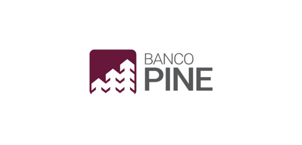 Logotipo do Banco Pine, com ícone estilizado em quadrado marrom ao lado do nome do banco em fonte cinza.