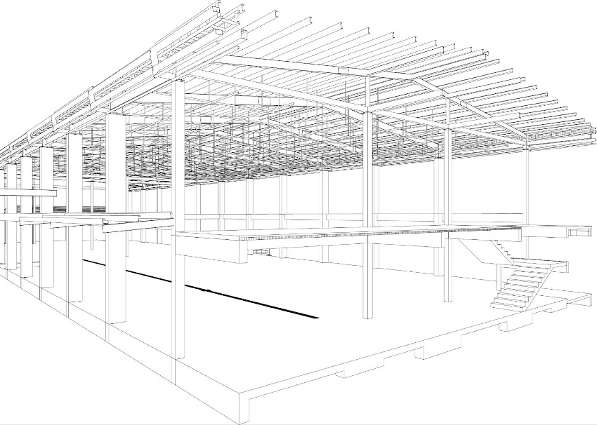 Desenho linear de uma estrutura arquitetônica com visão detalhada de um projeto estrutural com vigas expostas e escadas.