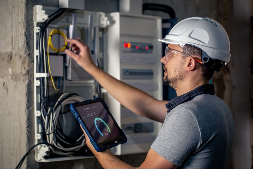 Um eletricista usando capacete usa um tablet enquanto examina uma instalação elétrica painel em um prédio.