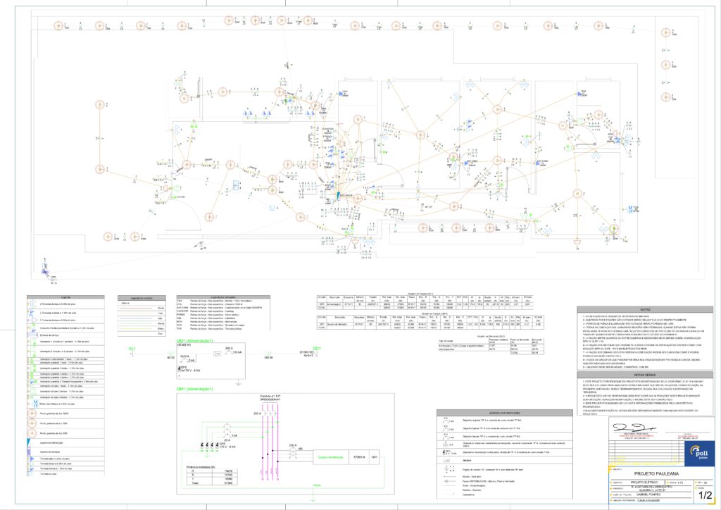 Um diagrama complexo de projeto elétrico com vários nós e conectores, acompanhado por vários painéis laterais detalhados mostrando informações e gráficos adicionais.