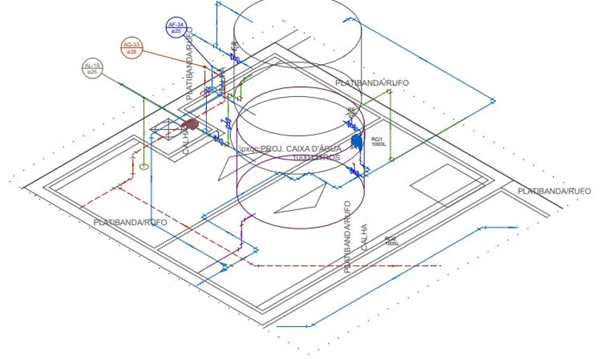 Planta técnica mostrando o layout de um parque industrial com diversos componentes rotulados, incluindo tanques e sistemas de tubulação, anotações especificando medidas e detalhes de construção, e elementos do projeto hidrossanitário perfeitamente integrados.