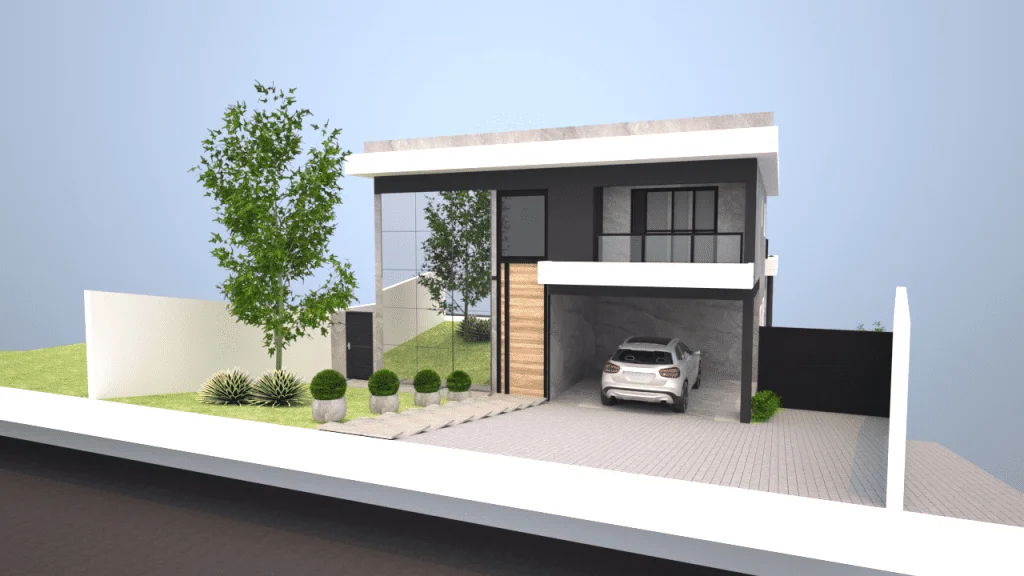 Renderização 3d de uma casa moderna com carro estacionado em frente, em Taubaté.