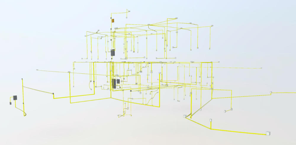 Modelo de wireframe arquitetônico 3D representando uma estrutura complexa de vários níveis com várias linhas de conexão e elementos flutuantes, renderizados em amarelo suave contra um fundo claro de Jandira.