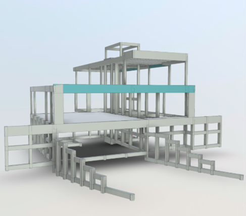 Renderização 3D de uma moderna estrutura de aço multinível com escadas e plataformas em Jandira, exibida sobre um fundo gradiente claro.
