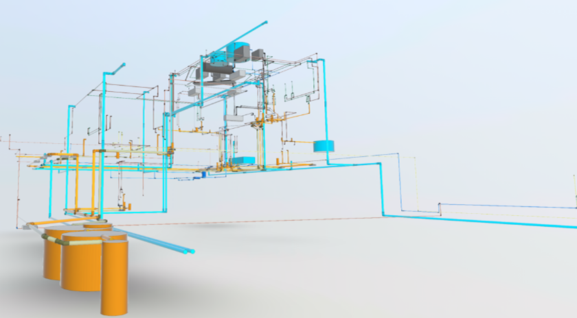 Renderização 3D de uma máquina industrial com tubulação complexa e estrutura estrutural em um ambiente espaçoso, com detalhes em azul e amarelo em Jandira.