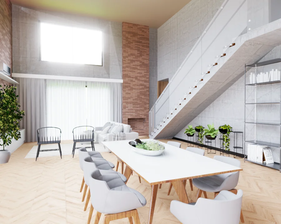 Renderização 3D da sala de jantar de uma casa no lago com escada e influência do Projeto.