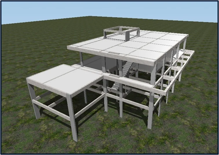 Um modelo 3D de uma casa no lago em um campo.