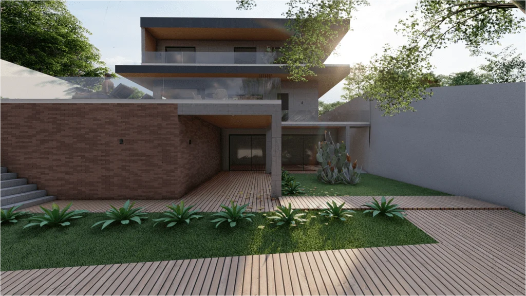 Uma renderização 3D da moderna Lake House.