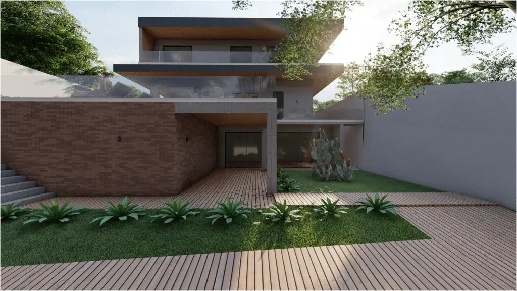 Uma renderização 3D de uma casa moderna.
