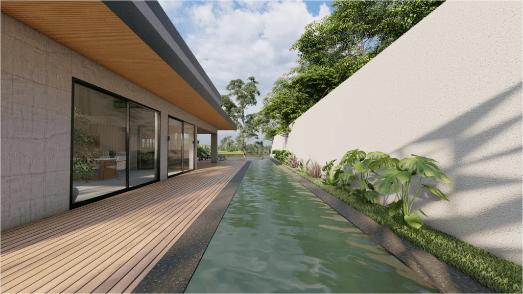 Uma renderização 3D de um projeto de casa no lago com recurso de água.