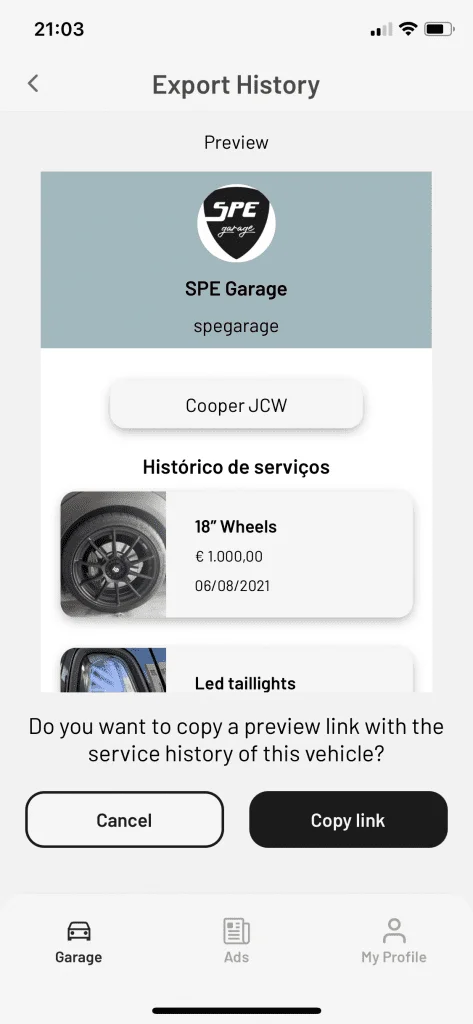 Uma captura de tela do aplicativo de histórico de exportação do SPE Garage em um iPhone.