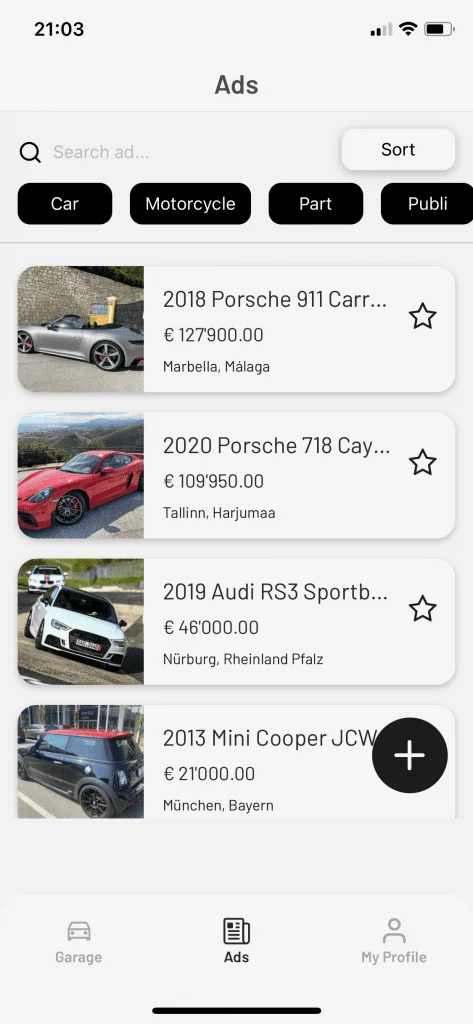 Captura de tela do aplicativo de anúncio de carro SPE Garage Porsche.