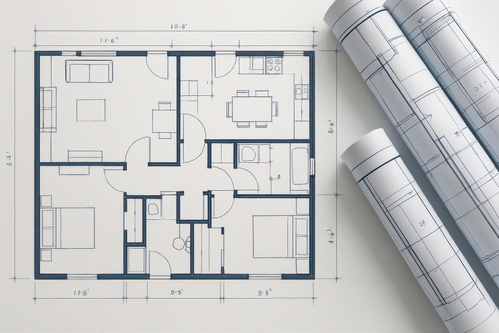 Planta arquitetônica: o que é e para que serve a planta baixa? | 111568 Planta baixa arquitetônica de uma casa, com 3 rolos de papel de projeto ao lado. Design de interiores, construção civil.