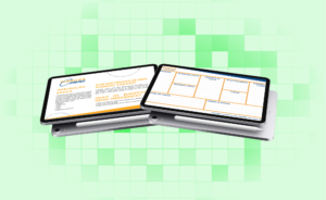 Dois tablets exibindo documentos do Planilha Canvas com texto, sobre fundo xadrez verde.