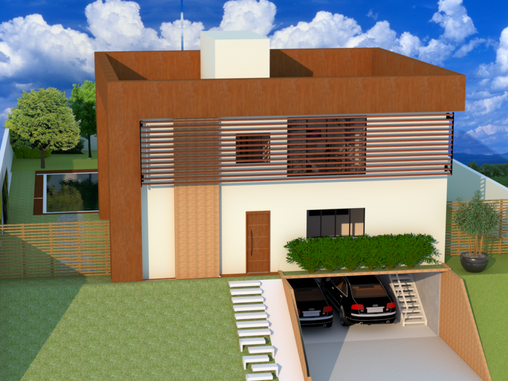 Renderização 3D de uma moderna casa de dois andares com exterior em madeira e branco, com garagem para dois carros e jardim paisagístico.