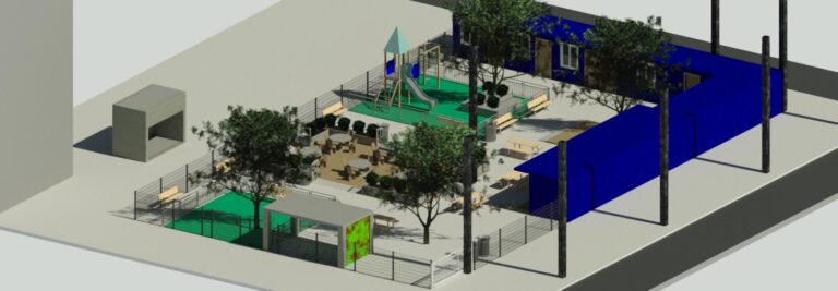 Renderização 3D de uma praça arborizada e playground.