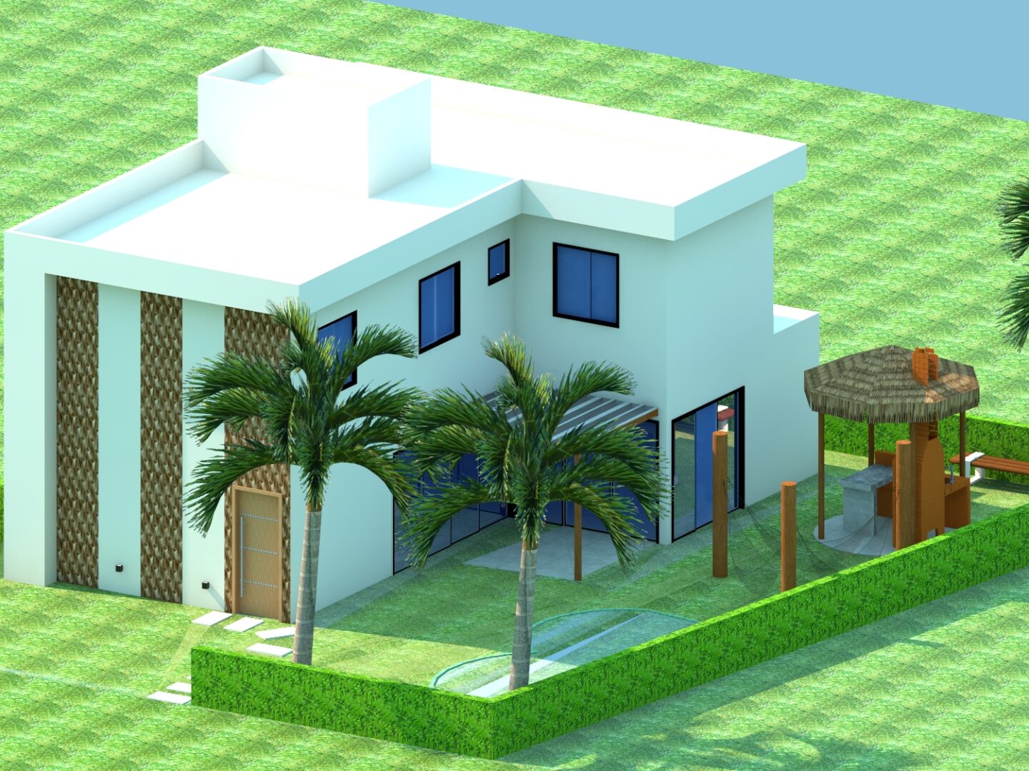 Maquete 3D de uma casa do "Projeto Maragogi" com palmeiras.