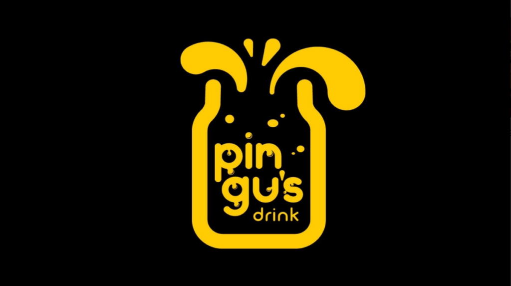 Logotipo da bebida Pingus em fundo preto representando cases de sucesso.