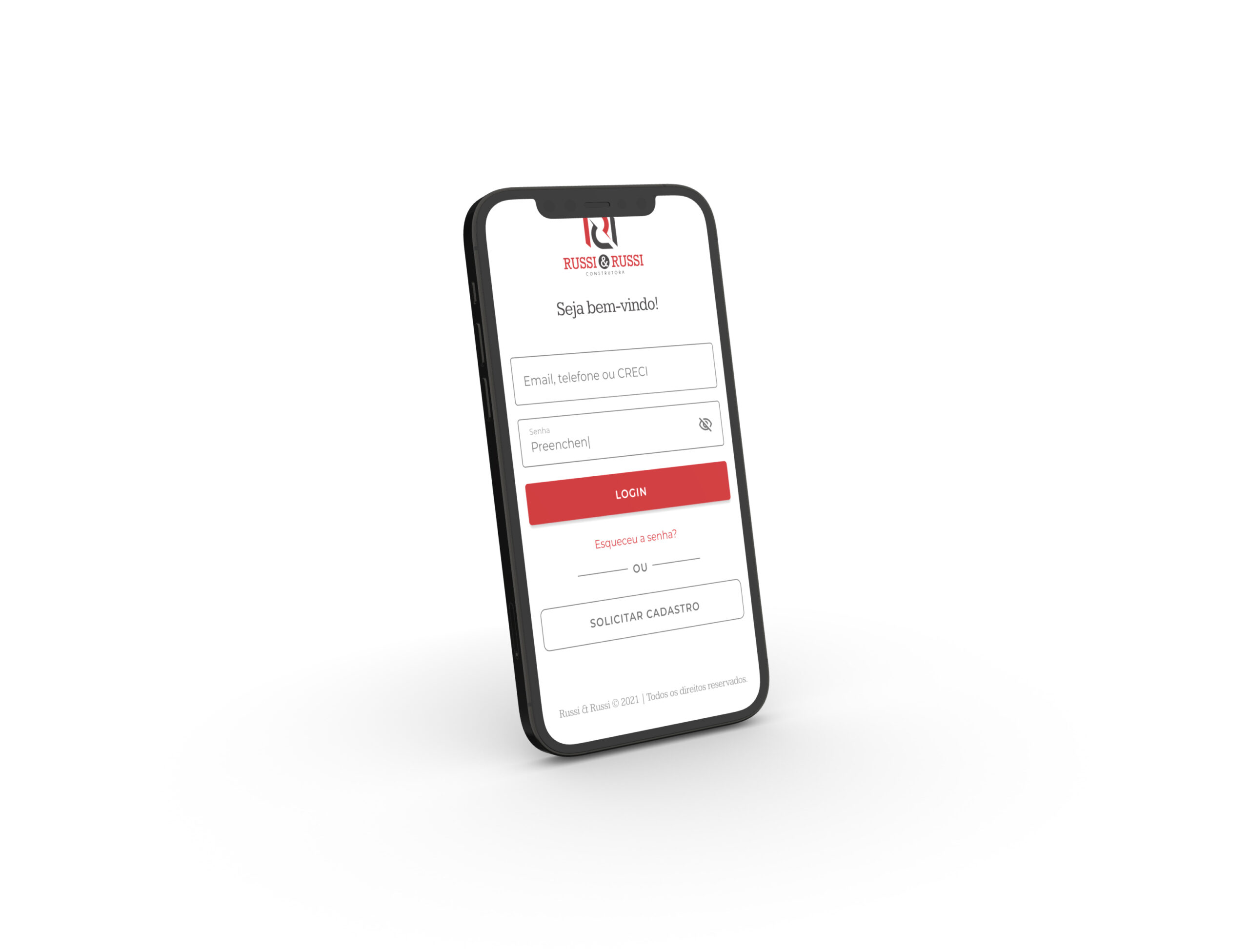 Smartphone exibindo tela de login em espanhol em plataforma web, contendo campos de e-mail e senha, com botão vermelho de login e opções de recuperação de senha e cadastro de novos usuários.