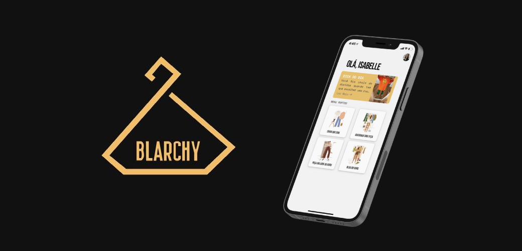 Um smartphone exibindo um aplicativo de moda de comércio eletrônico ao lado de um logotipo estilizado de cabide com o texto "Blarchy.