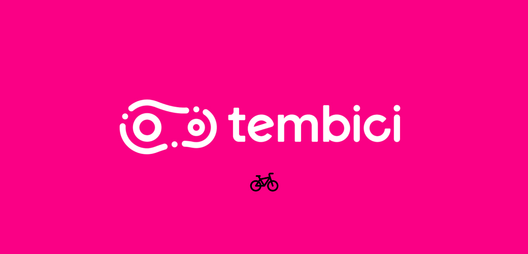 Logotipo da Tembici em fundo rosa, nome da marca e um pequeno ícone de bicicleta abaixo.