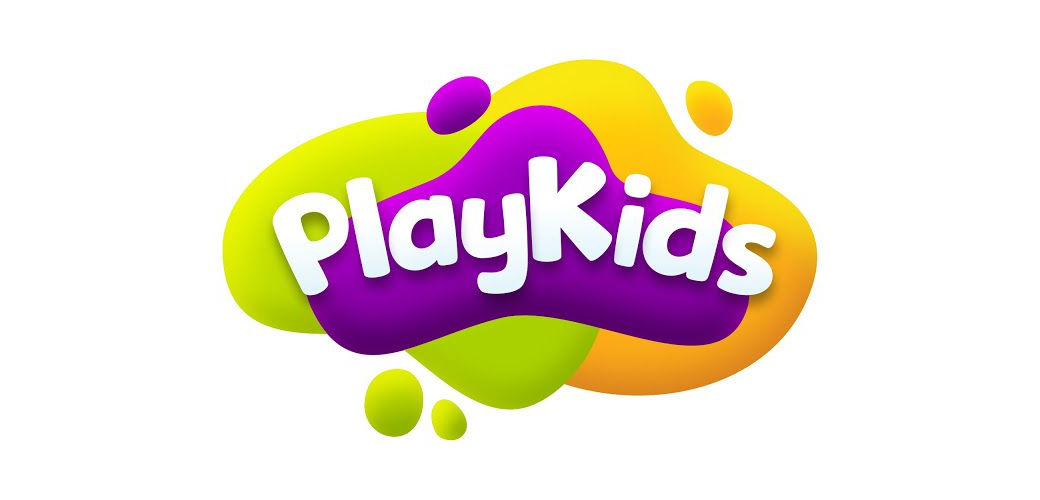 Logotipo daPlaykids com texto branco estilizado em um fundo de bolha multicolorido vibrante com salpicos divertidos de roxo e verde.