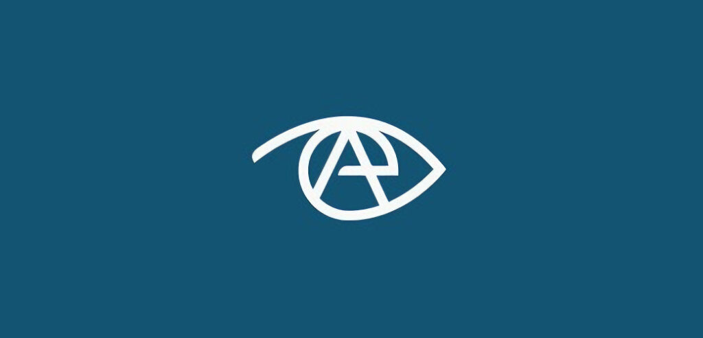 Símbolo de olho branco estilizado da Apoena Tech em um fundo azul marinho.