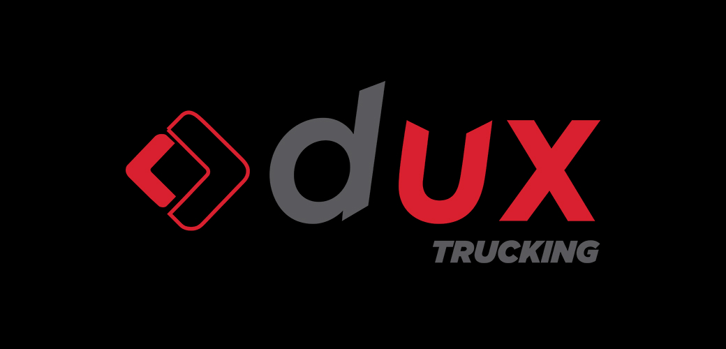 Logotipo da Dux Trucking apresentando um ícone abstrato vermelho ao lado de um texto estilizado em cinza e vermelho em um fundo preto