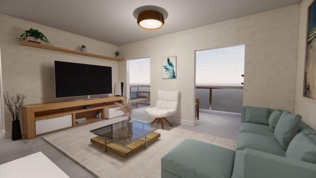 projeto de interiores renderizado de uma sala de estar do projeto da poli junior