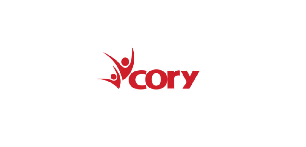 Um logotipo vermelho com a palavra "Cory" em negrito, acompanhada por duas figuras humanas abstratas.