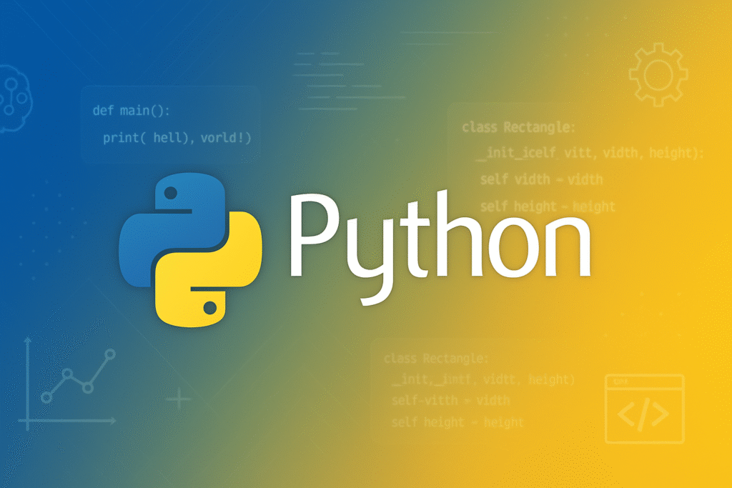 O logotipo Python e a palavra "Python" aparecem em um fundo azul e amarelo com trechos de código Python e ícones de programação.
