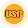 Um logotipo circular laranja com o texto preto "USP" no centro, refletindo o espírito inovador da Nova Área.