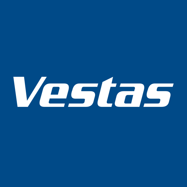 Logotipo branco "Vestas" em fonte em negrito, sem serifa, sobre fundo azul, perfeito para promover seu próximo workshop integrativo.