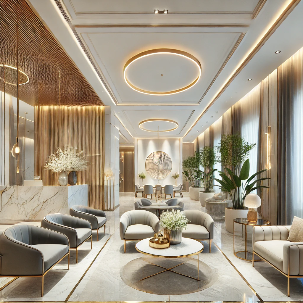 Um lobby moderno com móveis elegantes, luzes circulares no teto e plantas em vasos. Este projeto LI apresenta uma mistura de tons de cinza e dourado, com piso de mármore e decoração contemporânea.