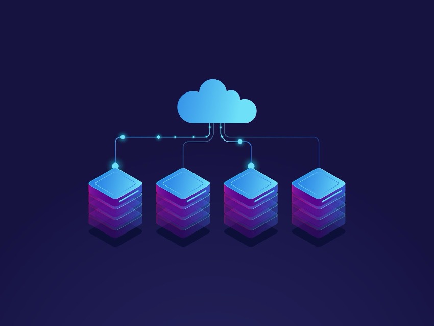 Ilustração de computação em nuvem, mostrando as vantagens do armazenamento em nuvem, com uma nuvem conectada a quatro pilhas de servidores contra um fundo azul escuro.