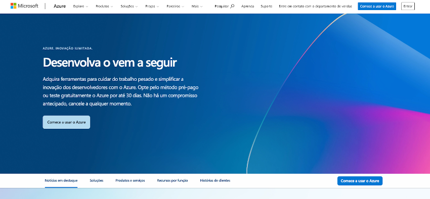 Captura de tela de uma página da Web do Microsoft Azure em português, promovendo ferramentas de desenvolvimento, armazenamento em nuvem. A mensagem principal incentiva os usuários a começar a trabalhar com a plataforma.