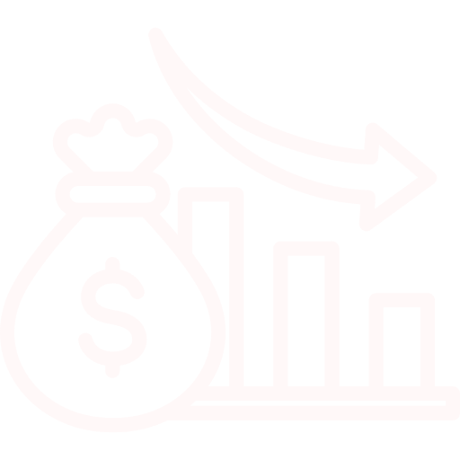 Ícone branco representando um gráfico de barras descendente e uma seta, com um símbolo de bolsa de dinheiro à esquerda, indicando uma diminuição no valor financeiro ou no desempenho, lembrando a avaliação de impactos de custos em um Projeto Arquitetônico.