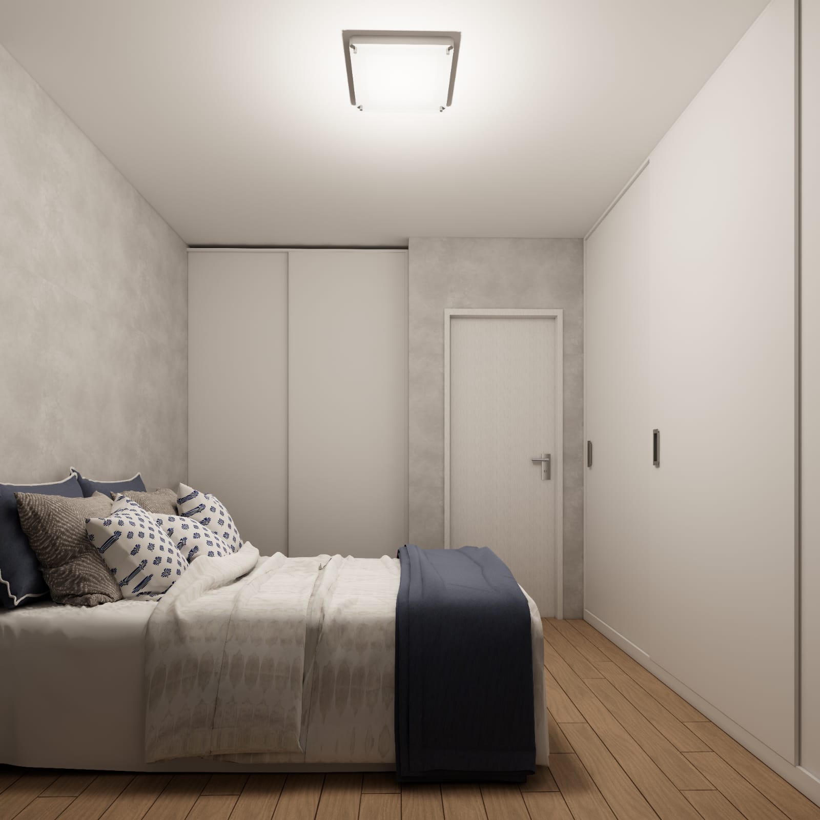 Um quarto minimalista Albertoni apresenta uma cama grande com roupa de cama branca, um cobertor azul e travesseiros decorativos. O espaço inclui portas de armário brancas e elegantes, uma porta fechada e piso de madeira. Uma luz de teto lança um brilho quente sobre o ambiente sereno.