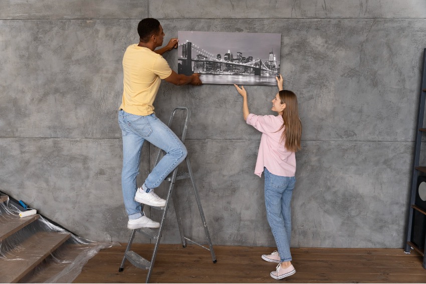 Duas pessoas estão pendurando uma foto de paisagem urbana em preto e branco em uma parede cinza. O homem está em uma escada enquanto a mulher auxilia do chão, criando uma transformação visual que poderia ter saído diretamente de "Transformar Seu Lar".