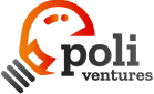 Logotipo da Poli Ventures com um design abstrato com um arco e linhas laranja-avermelhadas, imitando um rosto estilizado. O texto "poli ventures" está em letras minúsculas ao lado do design.