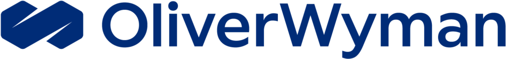 Logotipo azul da Oliver Wyman com um ícone geométrico estilizado à esquerda.