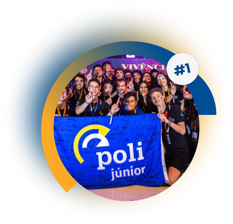 Um grupo de jovens posa junto segurando uma faixa azul da Poli Júnior, celebrando sua conexão com a Poli Ventures, com um gráfico "#1" no canto.